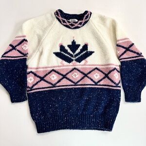 Fabe Vintage 80s Sweater Womens Size Med Pink Blue White Ski Knit Argyle Diamond